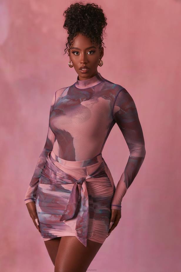 Oh Polly Supernova High Neck Long Sleeve Mesh Bodysuit N80H700 Blush