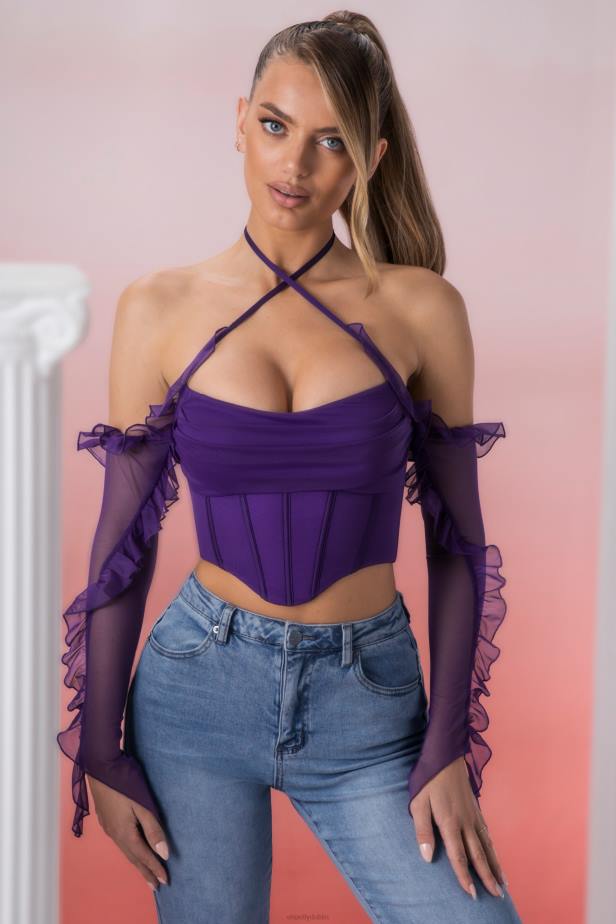 Oh Polly Filia Frill Detail Cowl Neck Crop Top N80H694 Violet