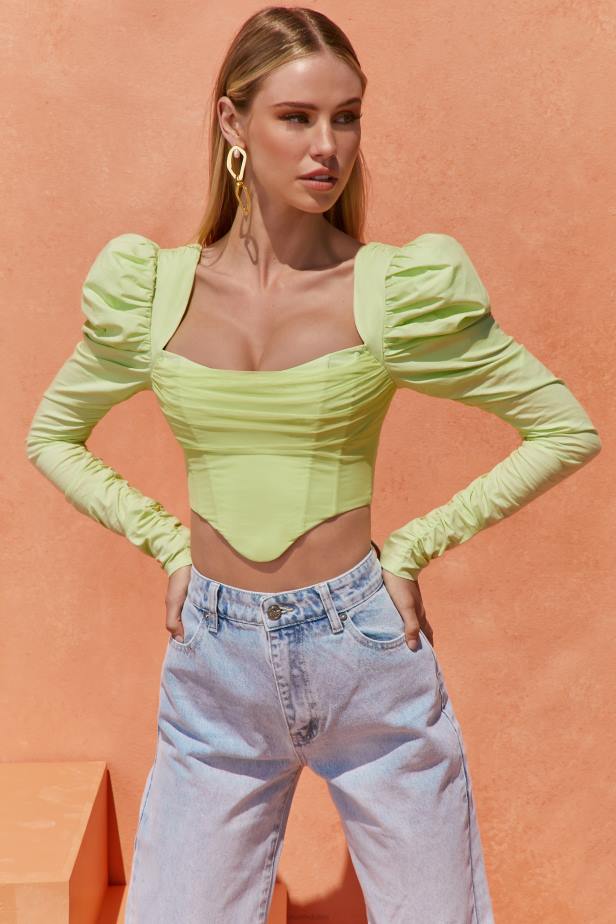 Oh Polly Good Life Puff Shoulder Crop Top N80H702 Lime