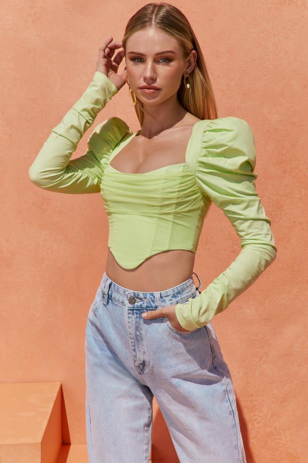 Oh Polly Good Life Puff Shoulder Crop Top N80H702 Lime