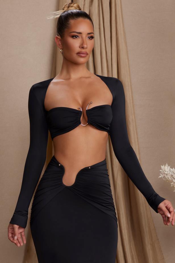 Oh Polly Maeva Long Sleeve Ruched Crop Top N80H616 Black