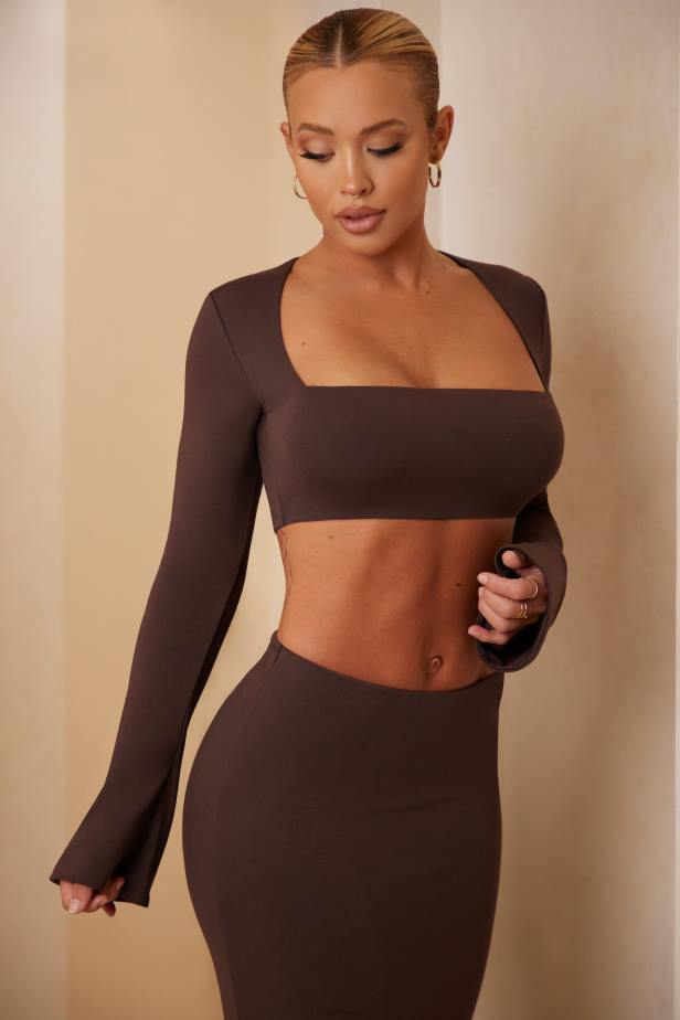 Oh Polly Narelle Long Sleeve Crop Top N80H722 Chocolate