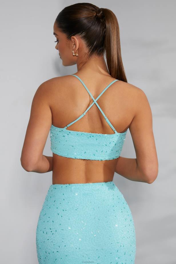 Oh Polly Pisa Embellished Cross Back Crop Top N80H580 Aqua