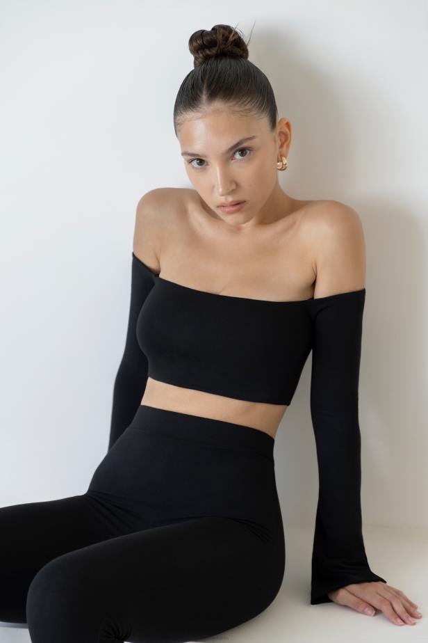 Oh Polly Renata Long Sleeve Bardot Crop Top N80H633 Black