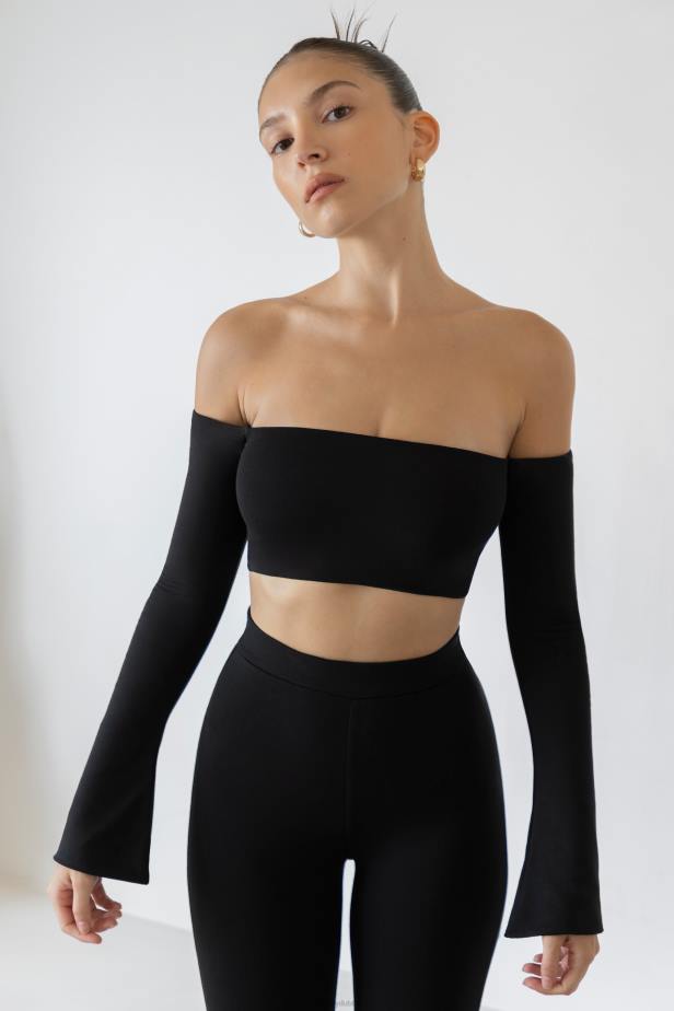 Oh Polly Renata Long Sleeve Bardot Crop Top N80H633 Black