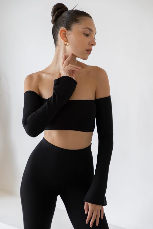 Oh Polly Renata Long Sleeve Bardot Crop Top N80H633 Black