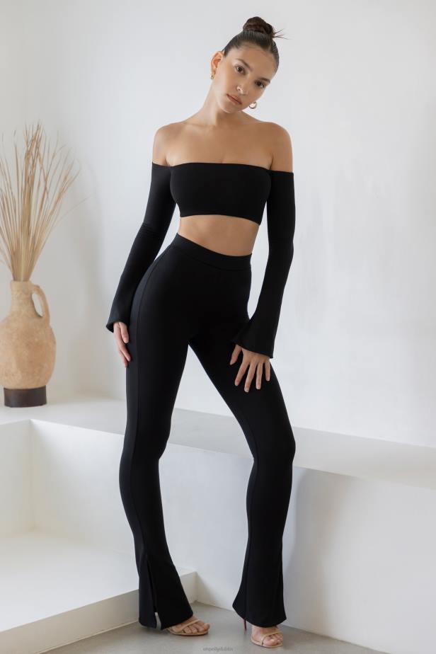 Oh Polly Renata Long Sleeve Bardot Crop Top N80H633 Black