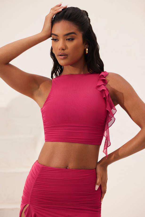 Oh Polly Verbena Open Back Ruched Ruffle Crop Top N80H569 Fuchsia