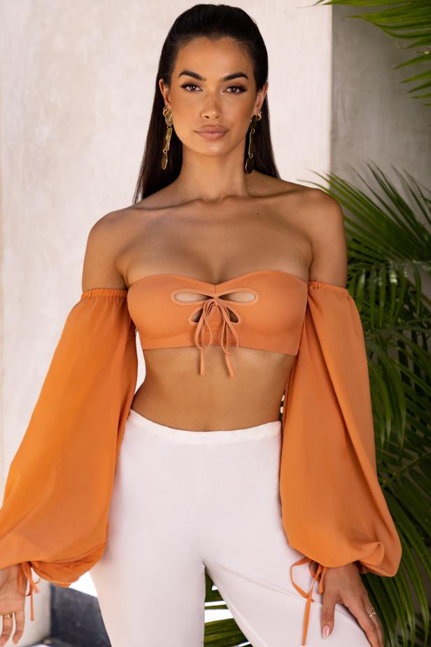 Oh Polly Wanderlust Bardot Cut Out Crop Top N80H692 Caramel