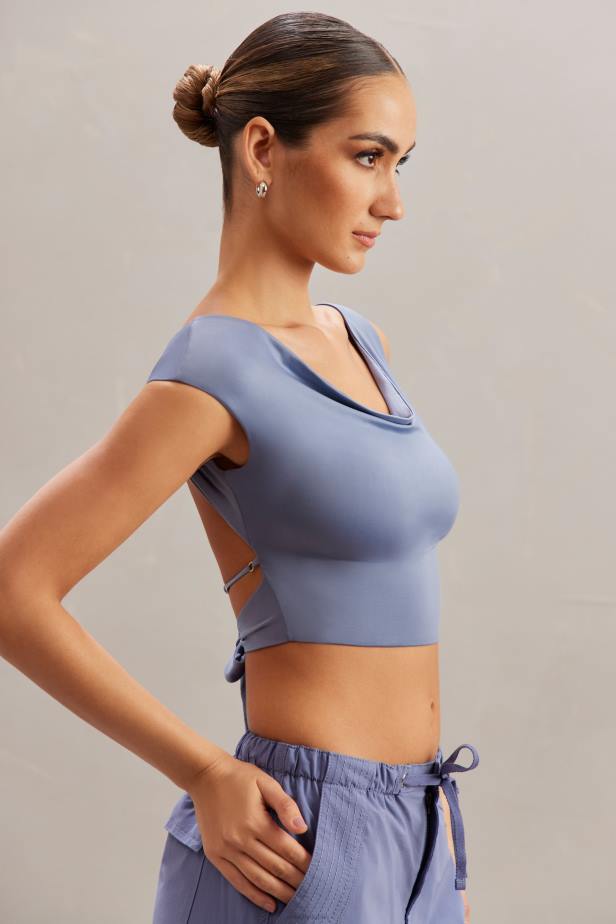 Oh Polly Yindi Cowl Neck Crop Top N80H603 Blue