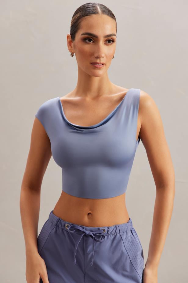 Oh Polly Yindi Cowl Neck Crop Top N80H603 Blue