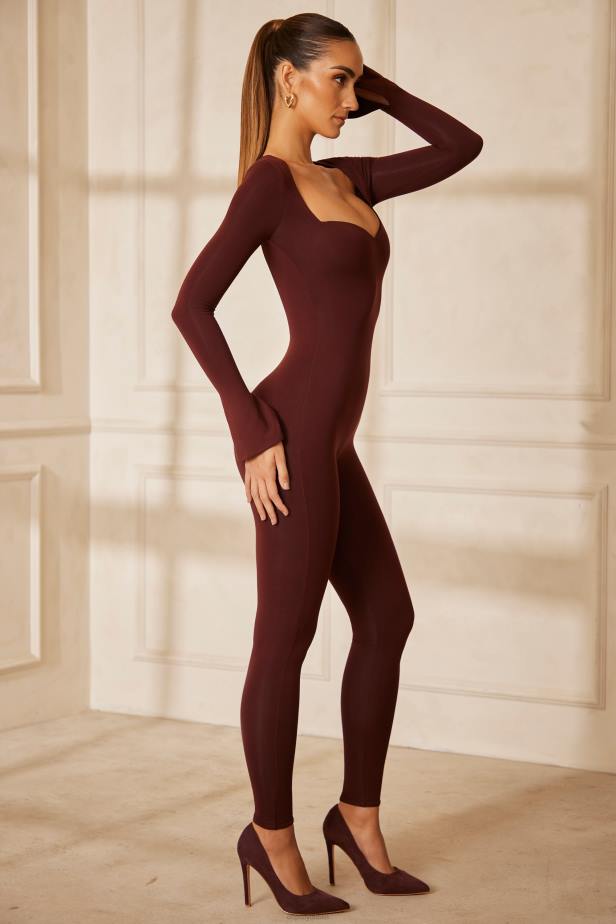 Oh Polly Amata Sweetheart Neckline Long Sleeve Jumpsuit N80H784 Brown