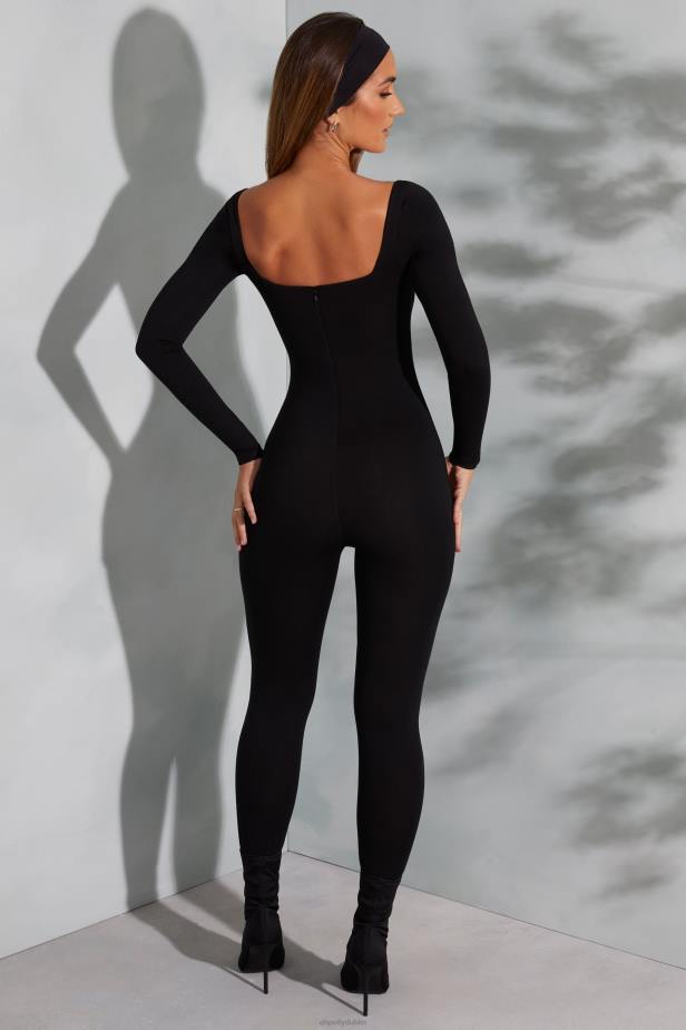 Oh Polly Delanie Square Neck Long Sleeve Jumpsuit N80H764 Black