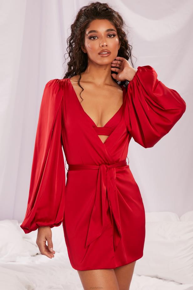 Oh Polly Soft Nights Satin Balloon Sleeve Robe N80H838 Red