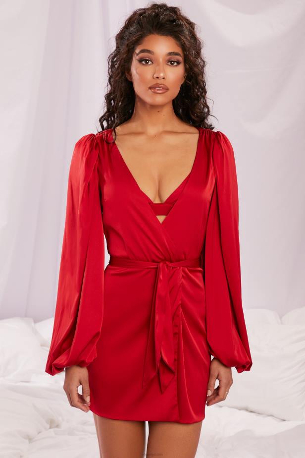 Oh Polly Soft Nights Satin Balloon Sleeve Robe N80H838 Red