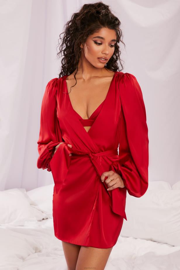 Oh Polly Soft Nights Satin Balloon Sleeve Robe N80H838 Red