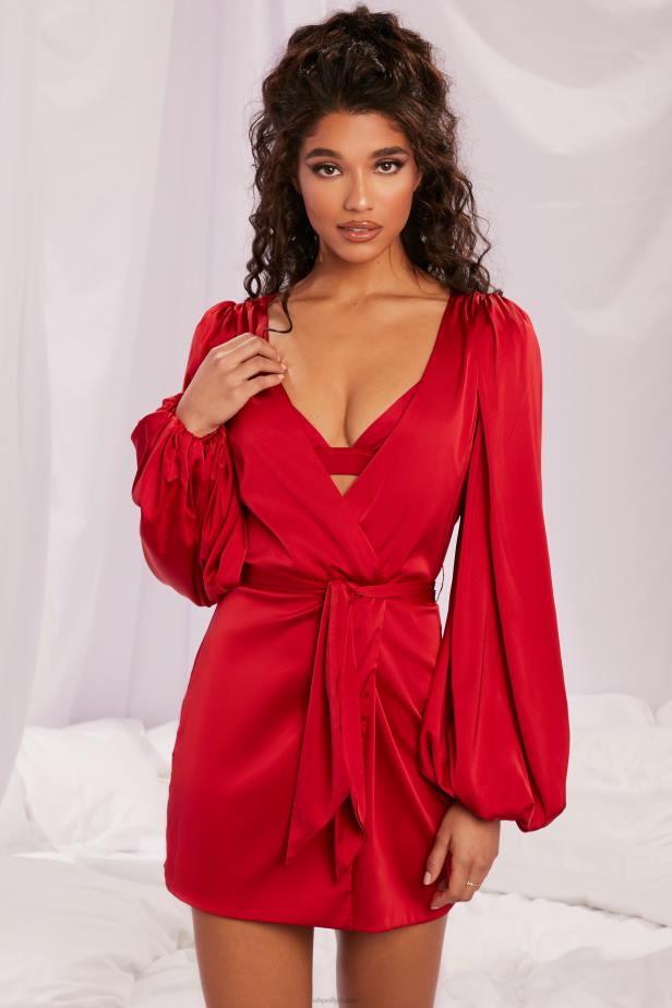 Oh Polly Soft Nights Satin Balloon Sleeve Robe N80H838 Red